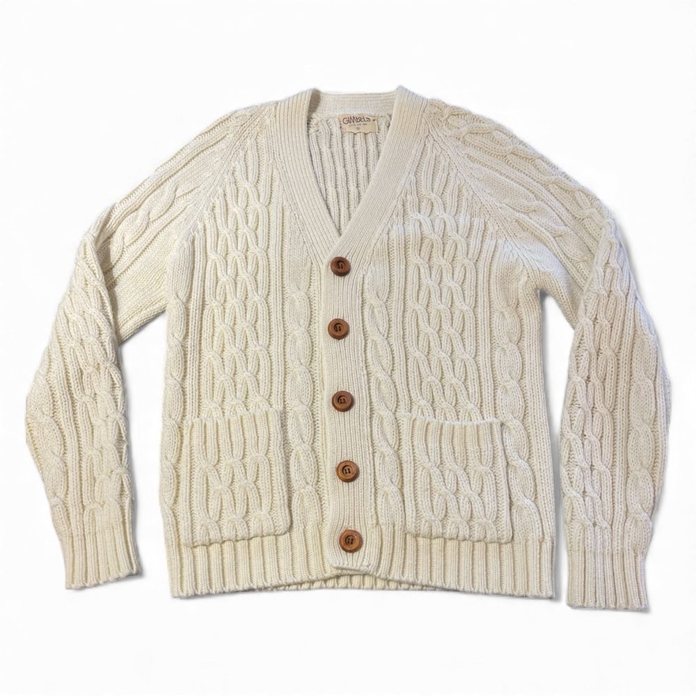 GIMBELS Men’s Vintage Cable Knit Cream Classic Cardigan Grandpa Sweater Small
